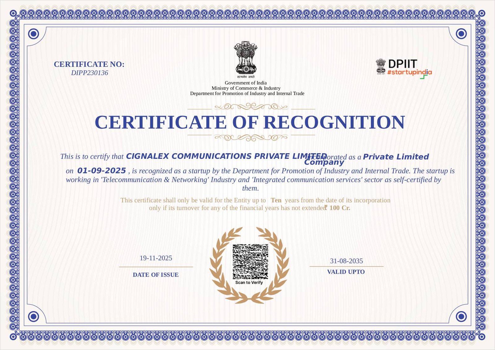StartUp India Certificate